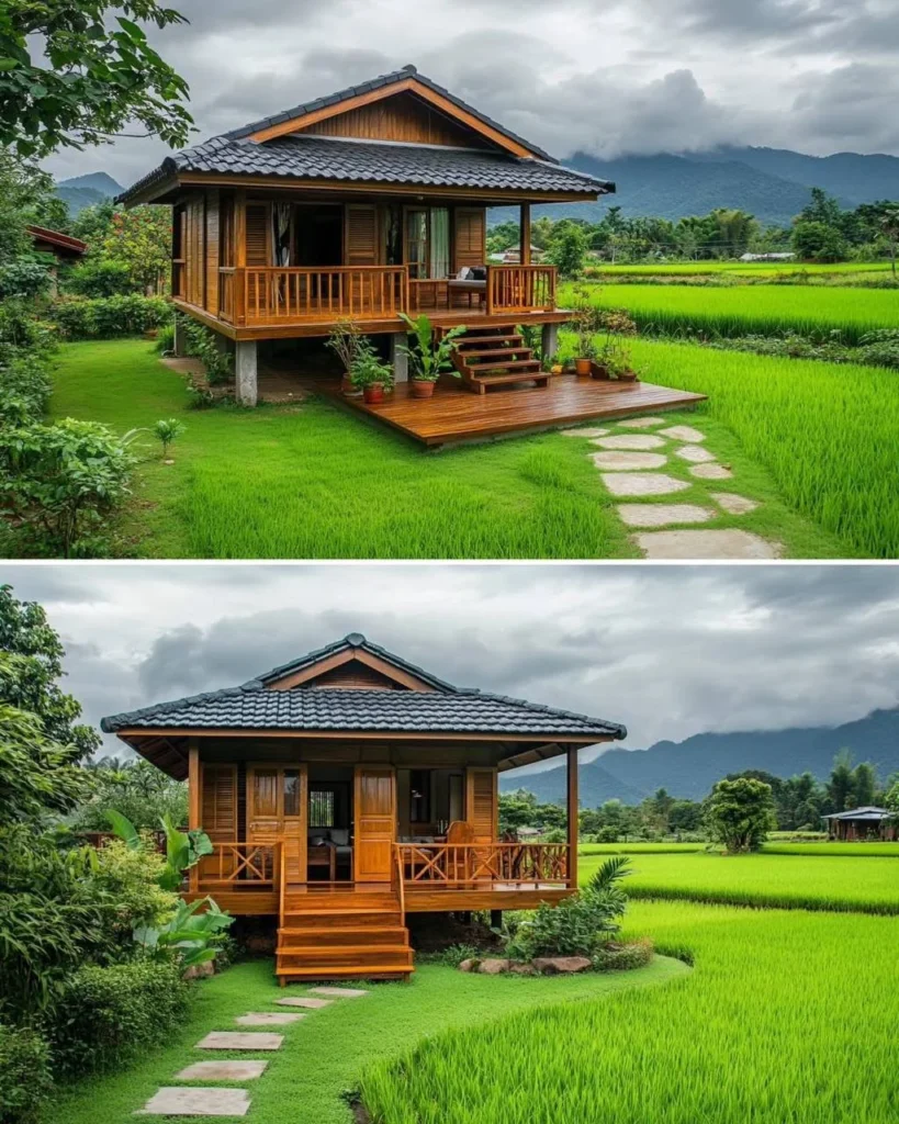 Traditional tropical wooden house with a wraparound porch and elevated design.