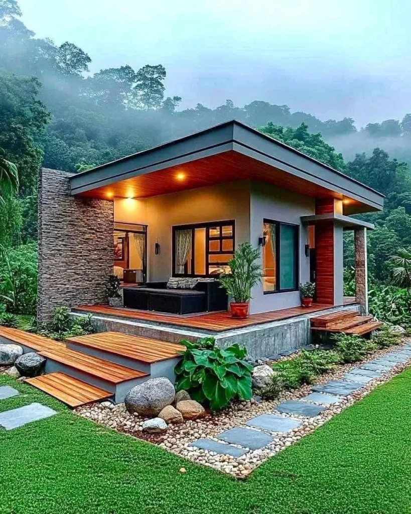 Modern tropical wooden house with a sleek design and integrated stone wall. tropical wooden house