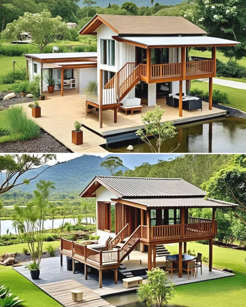 Overwater tropical wooden house with a raised deck and covered balcony.