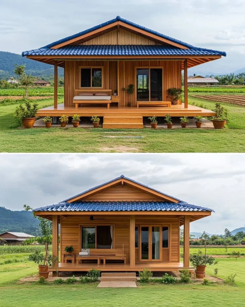 Cozy tropical wooden cottage with a covered porch and blue-tiled roof.