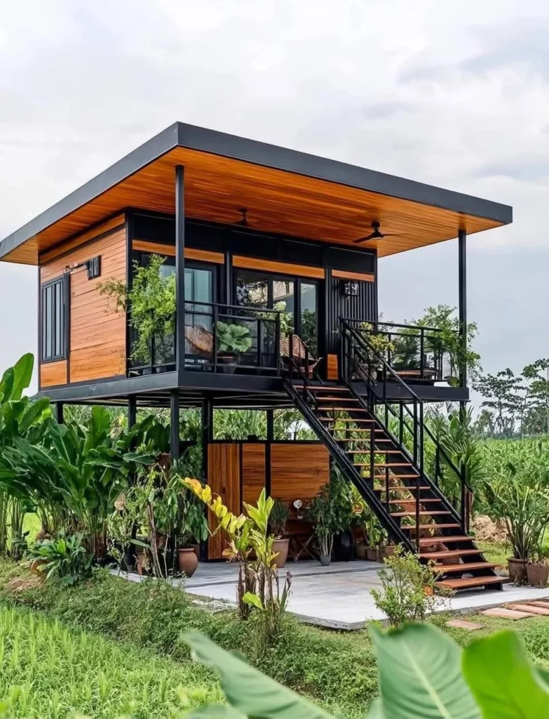 Modern tropical wooden house with an elevated design and sleek black frame.