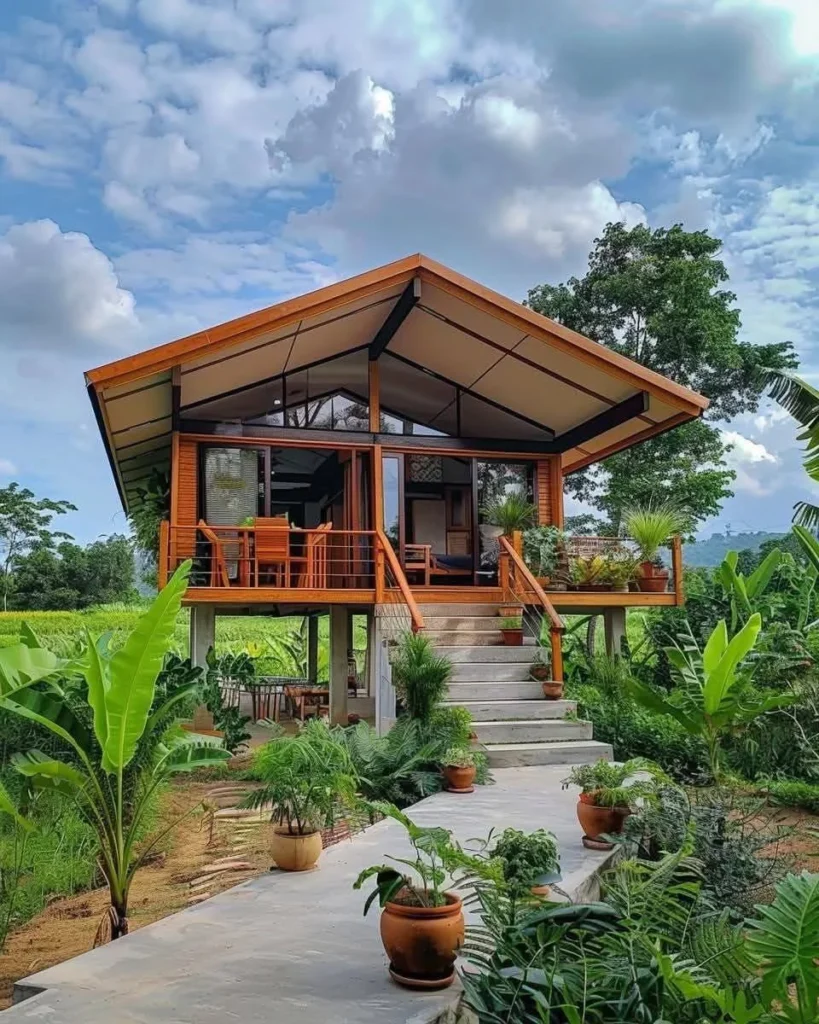 Elevated tropical wooden house with a spacious deck and panoramic views.