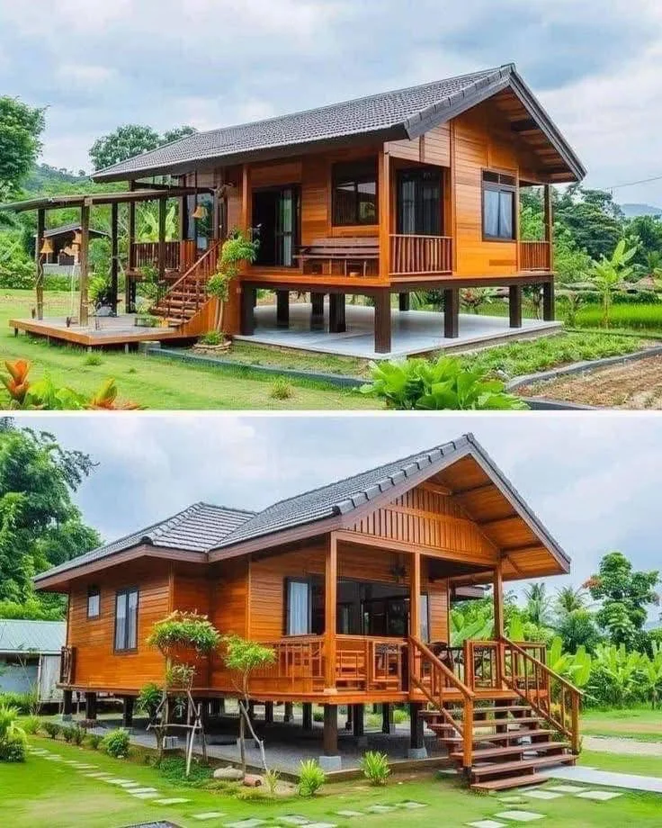 Elevated tropical wooden house with a covered porch and sloped roof.