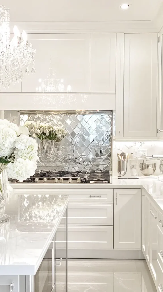 Luxurious white kitchen featuring a bevelled mirror tile backsplash behind the range, white shaker cabinets, polished countertops, and a crystal chandelier.