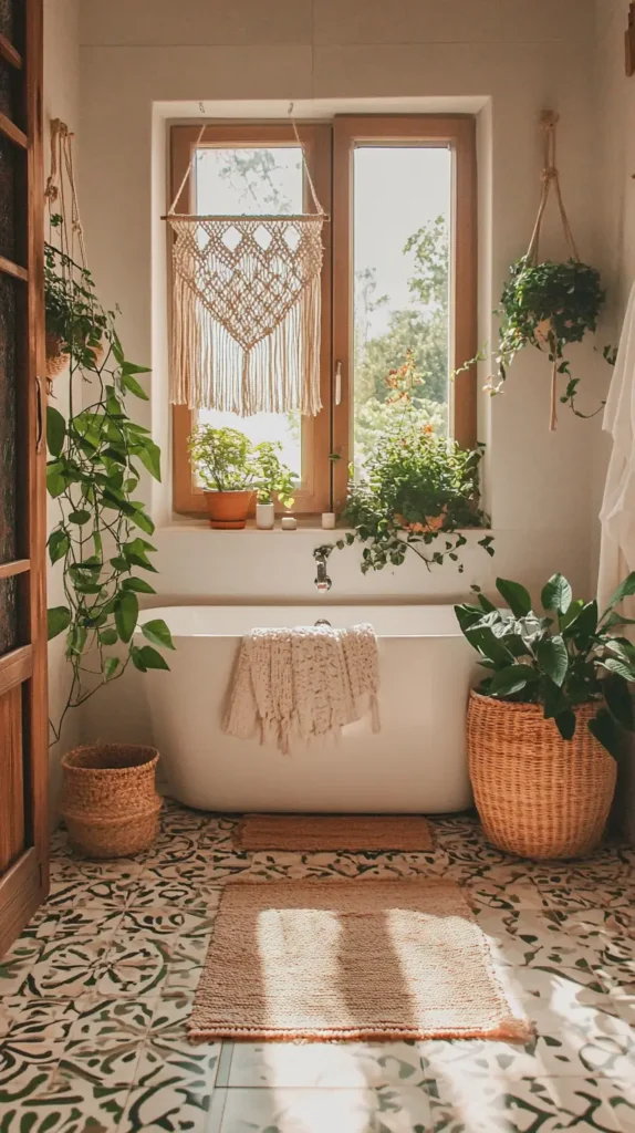 Sunlit Bohemian-style bathroom featuring a freestanding bathtub surrounded by numerous potted plants, macrame wall decor, woven baskets, and intricate patterned floor tiles near a large window.