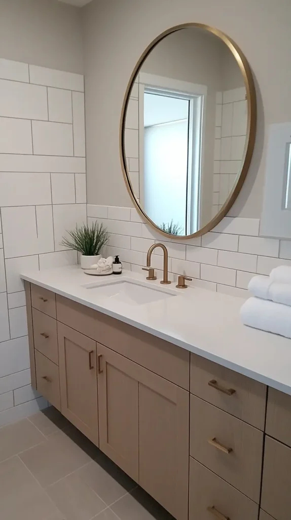 Modern bathroom vanity area featuring light wood cabinets, a white countertop with integrated sink, a brushed gold round mirror and faucet, set against a white vertical subway tile backsplash.