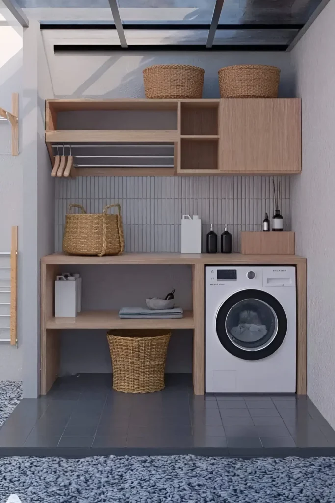 Laundry area featuring washing machine beside layered wood shelving unit with integrated hanging rods and baskets.