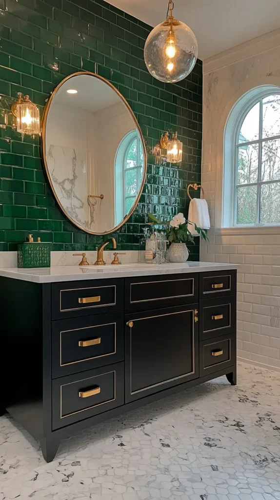 Glamorous bathroom featuring a striking emerald green subway tile accent wall behind a black vanity with gold hardware, complemented by a round gold mirror and elegant gold light fixtures.
