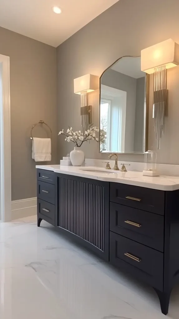 Elegant bathroom featuring a dark charcoal vanity with central reeded panels and gold hardware, a white countertop, a large arched mirror, and dramatic Art Deco style gold tiered wall sconces flanking it.