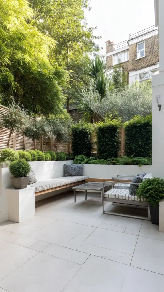 Modern patio with light pavers, white built-in L-shaped bench with wood accents, layered planting in raised beds behind (hedges, trees) against a wood slat fence.