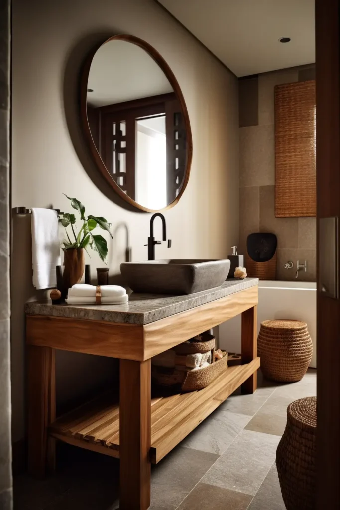 Natural spa-style bathroom featuring a sturdy warm wood console vanity with a grey stone top supporting a dark rectangular stone vessel sink, below a large round wood-framed mirror, complemented by woven baskets.