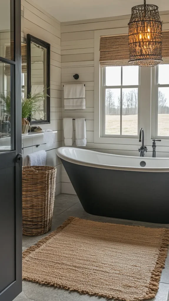 Cozy farmhouse bathroom featuring white horizontal shiplap walls, a dark grey freestanding slipper tub near a large window with a woven blind, illuminated by a large woven pendant light, with a natural fiber rug on the floor.