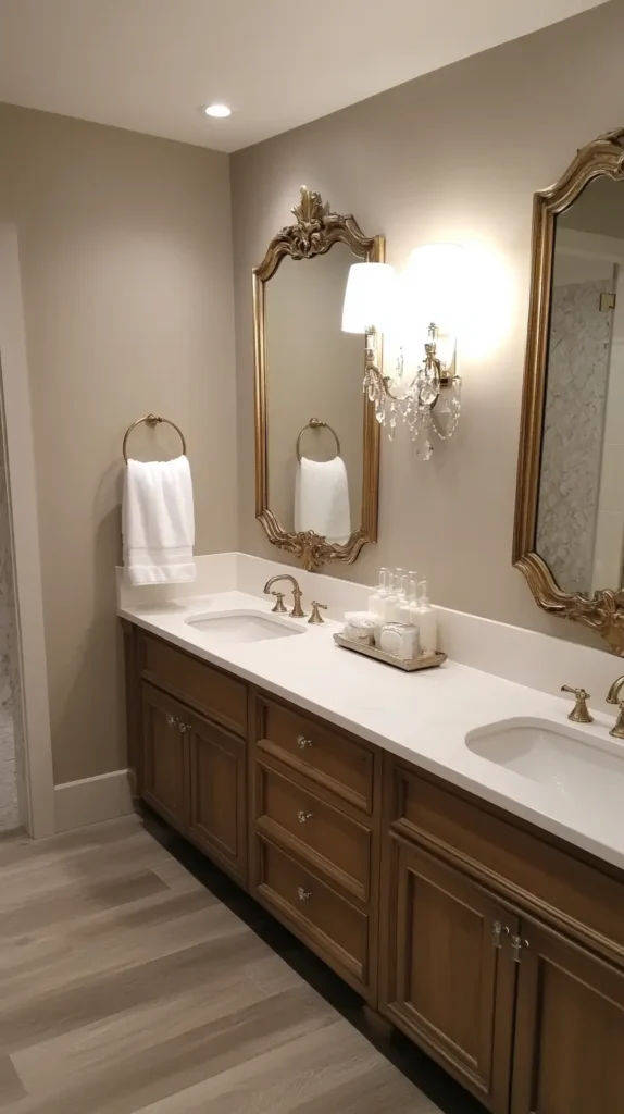 Elegant traditional bathroom featuring a medium-toned wood double vanity with a light countertop, flanked by two large, ornate gold-framed rectangular mirrors, with a crystal wall sconce mounted between them. Bathroom Decor Ideas
