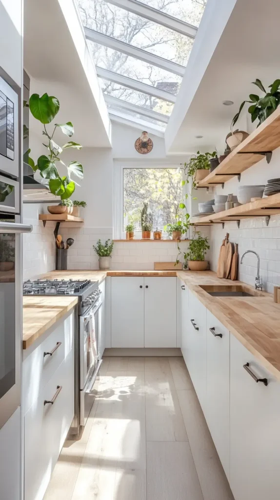 Bright galley kitchen featuring a large overhead skylight, white cabinets, light wood countertops, open wood shelving with plants, and light flooring.