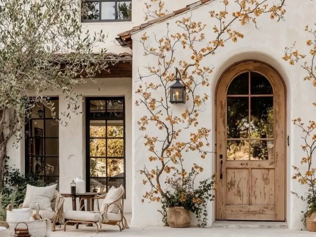 Spanish modern house exterior with white stucco, arched wood door, dark framed windows, and patio seating area.