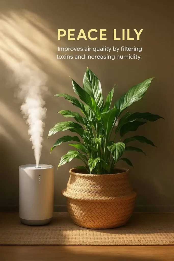 Lush green Peace Lily plant in a natural woven basket pot cover, placed next to an active humidifier, highlighting its humidifying properties for bedrooms.