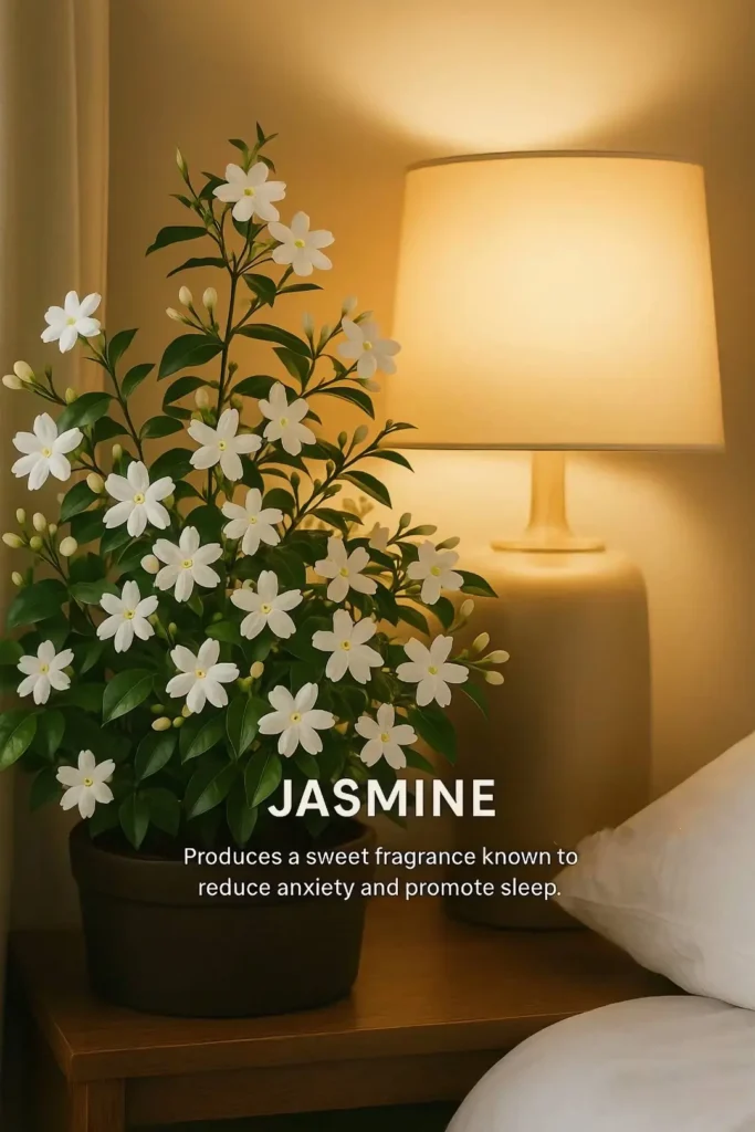 Blooming Jasmine plant with numerous white flowers in a dark pot on a wooden nightstand, bedside lamp glowing softly behind.