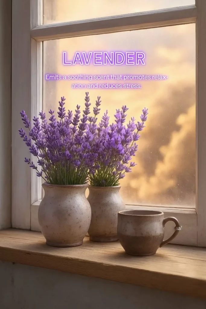Two ceramic pots filled with blooming purple lavender plants sitting on a wooden windowsill, catching warm light from the window.