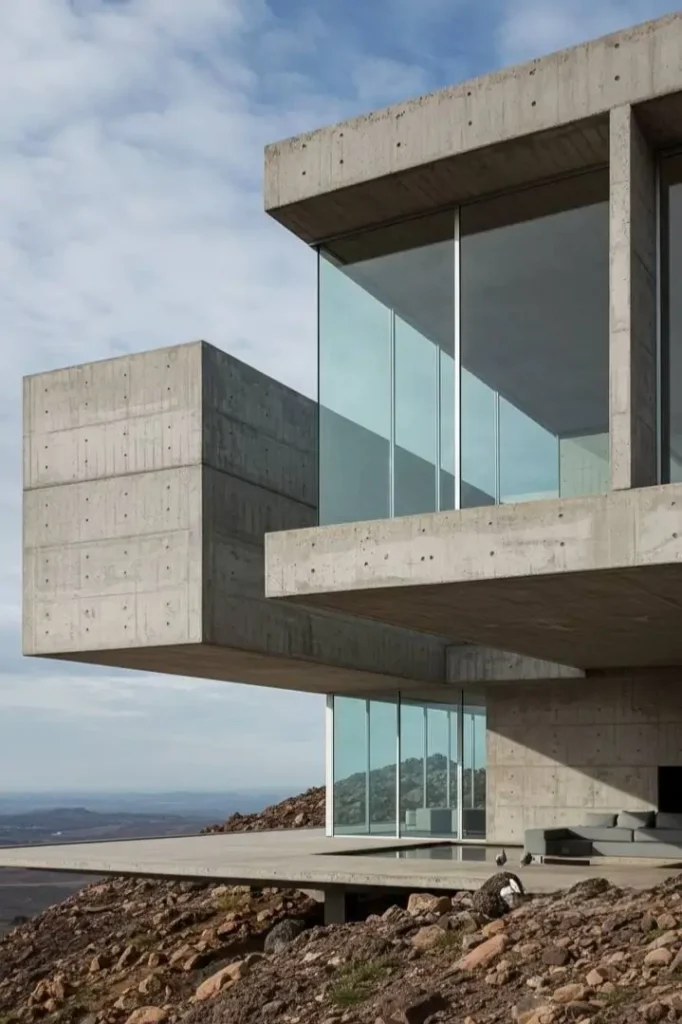 Brutalist house with a dramatic cantilevered section extending over a landscape.
