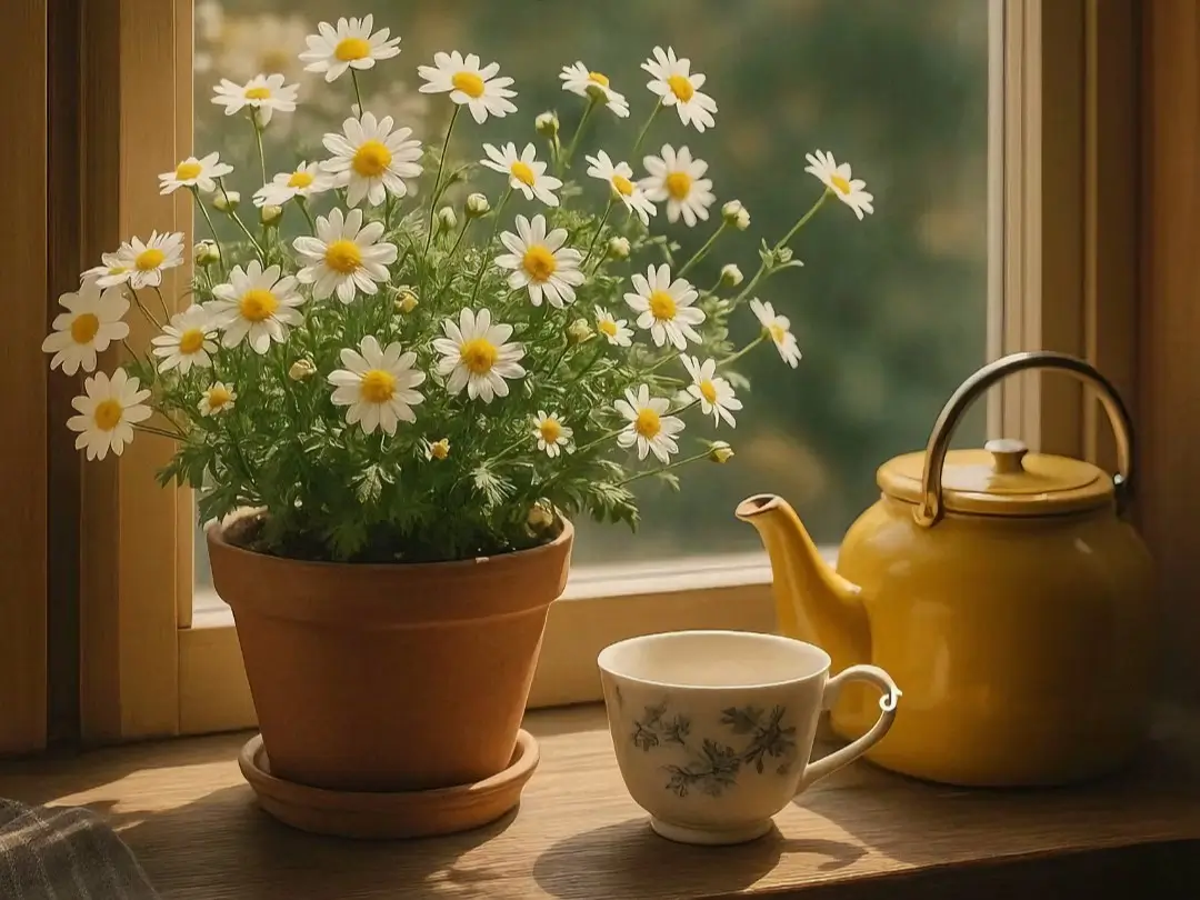 Cheerful chamomile plant in pot on windowsill, illustrating best plants to keep in your bedroom for calm and health.