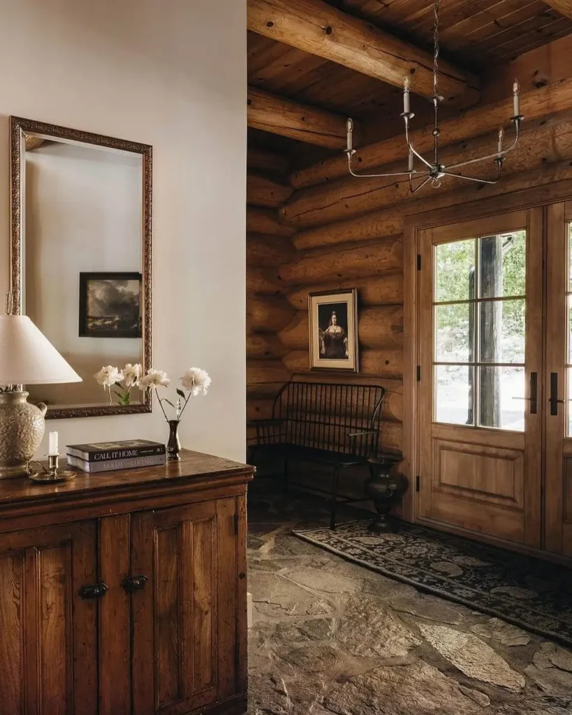 Cozy log cabin entryway with wooden walls, stone floor, and console table.
