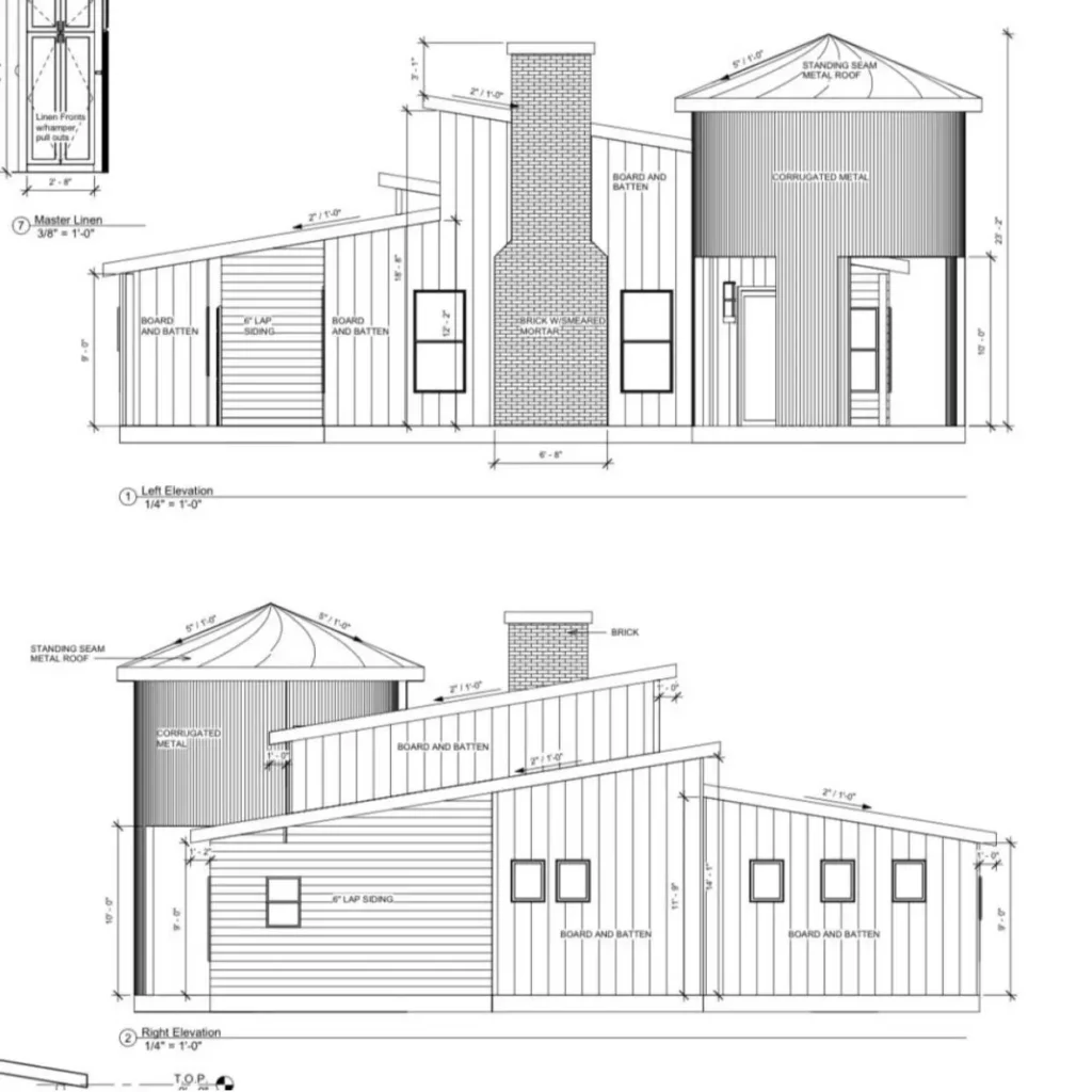 Architectural elevation plans showing the front and side views of a modern farmhouse with an integrated silo tower.