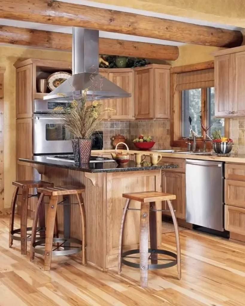 Rustic modern kitchen with wood cabinets and log beams.