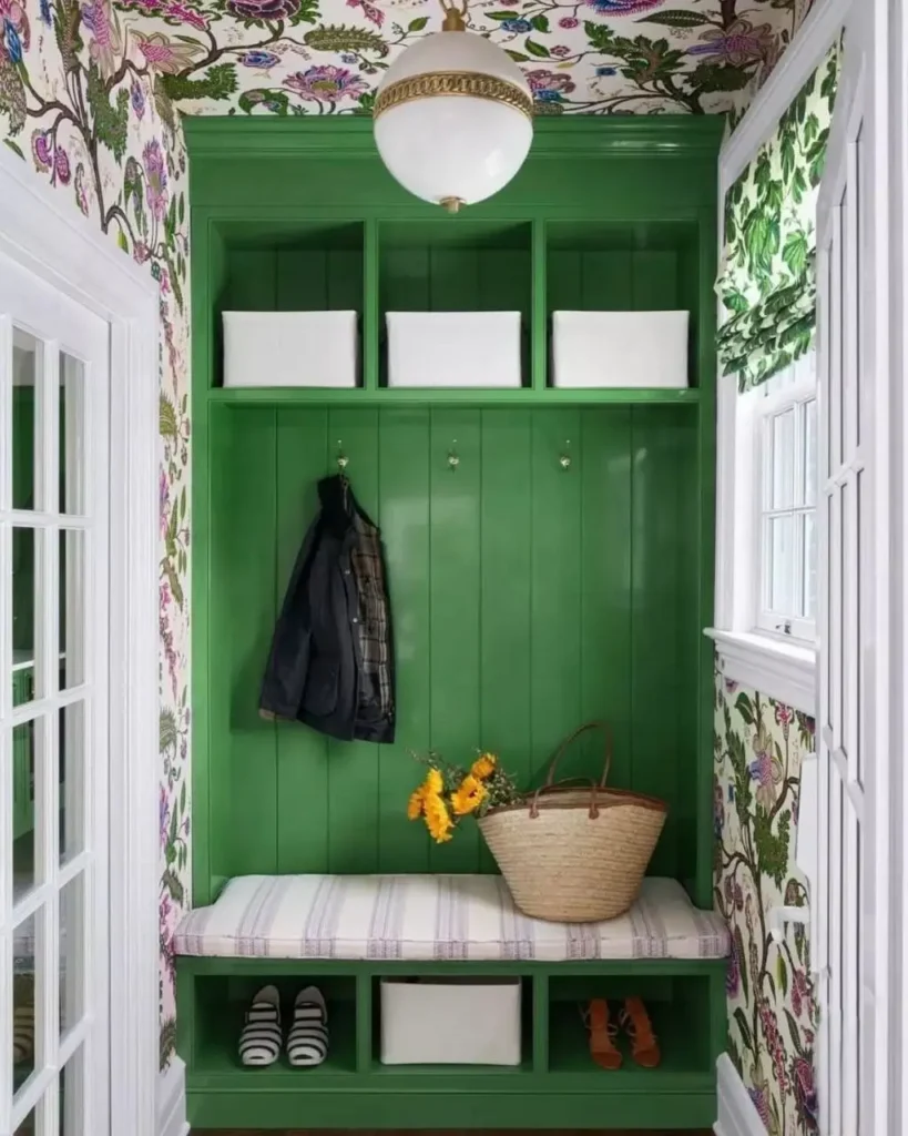 Bright mudroom entryway with joyful Kelly green built-ins and vibrant floral wallpaper.