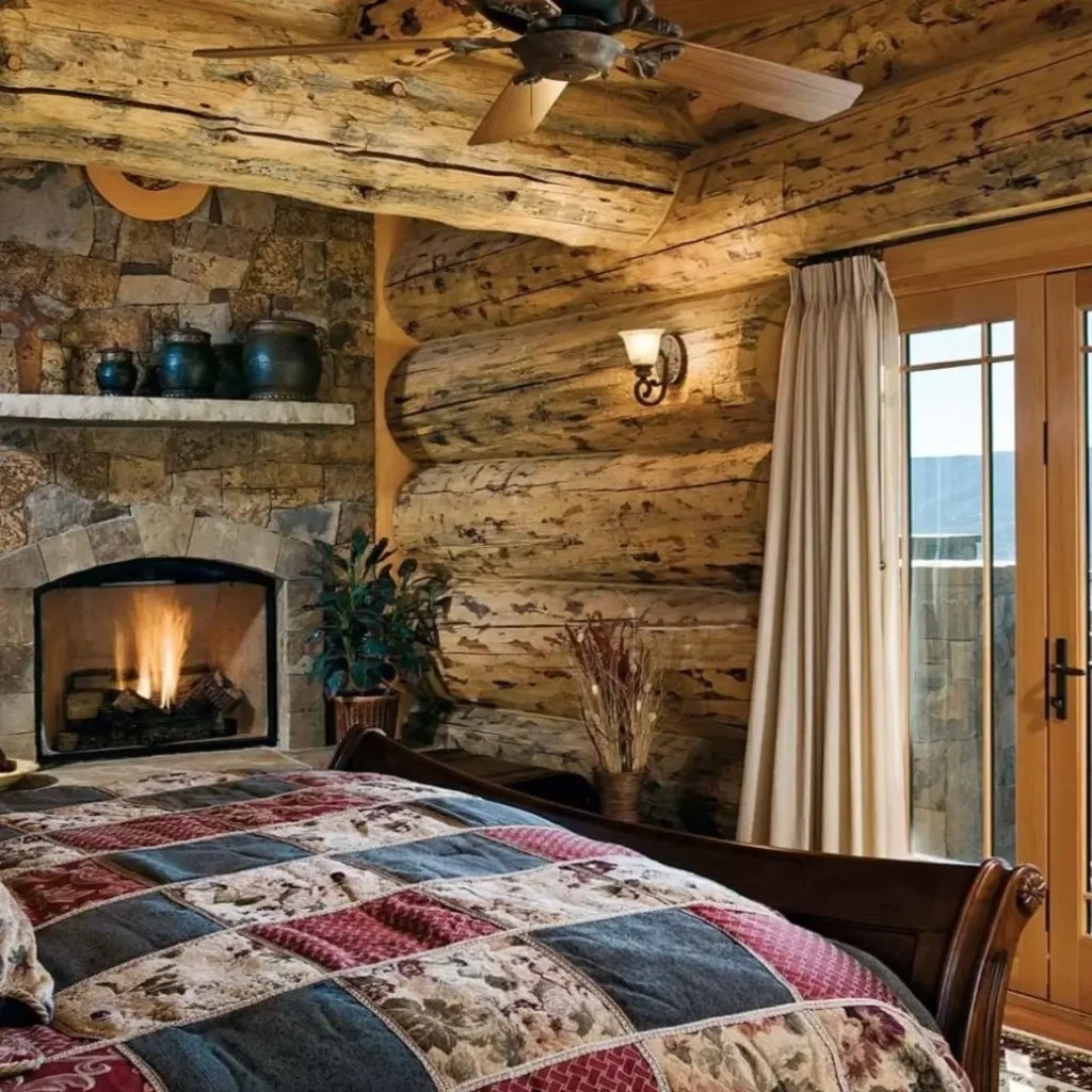 Cozy log cabin bedroom with stone fireplace, wooden bed, and balcony access.