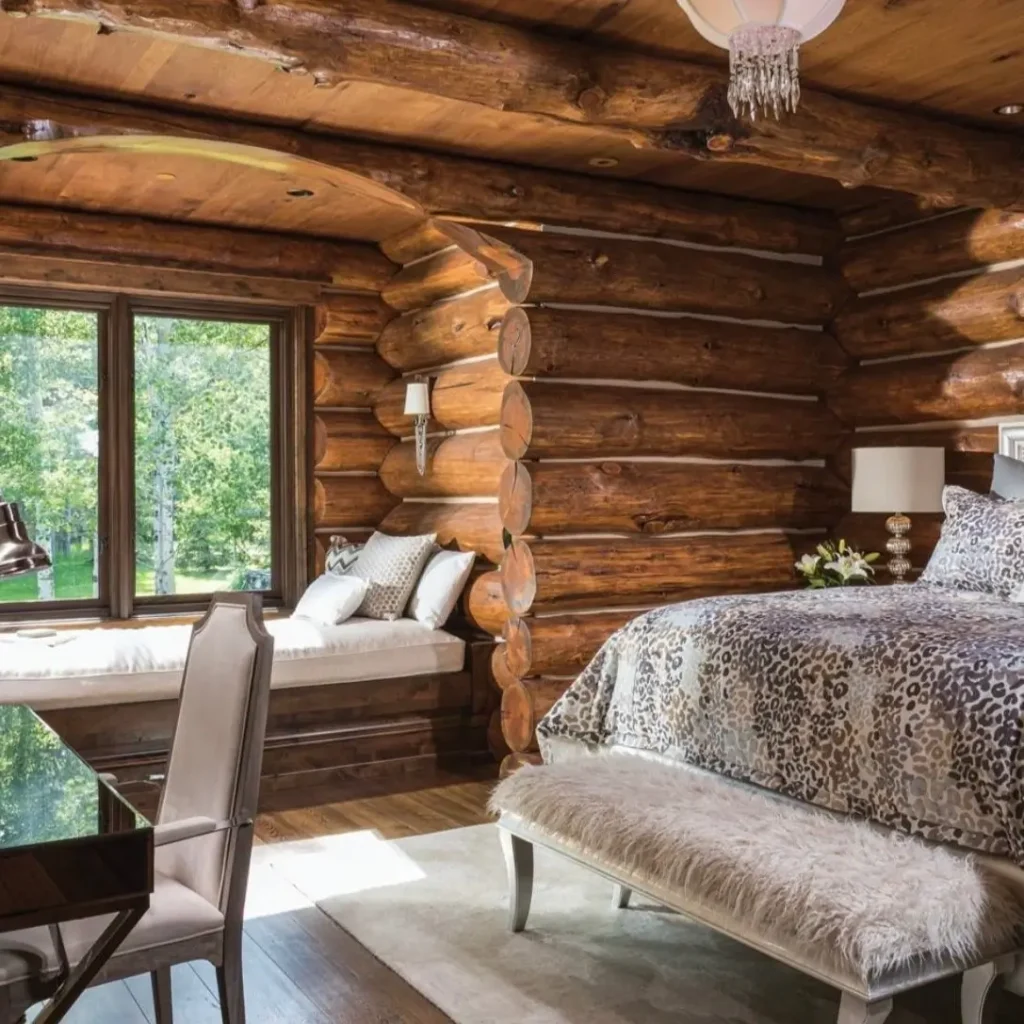 Log cabin bedroom with exposed logs, large window seat, and modern lighting.