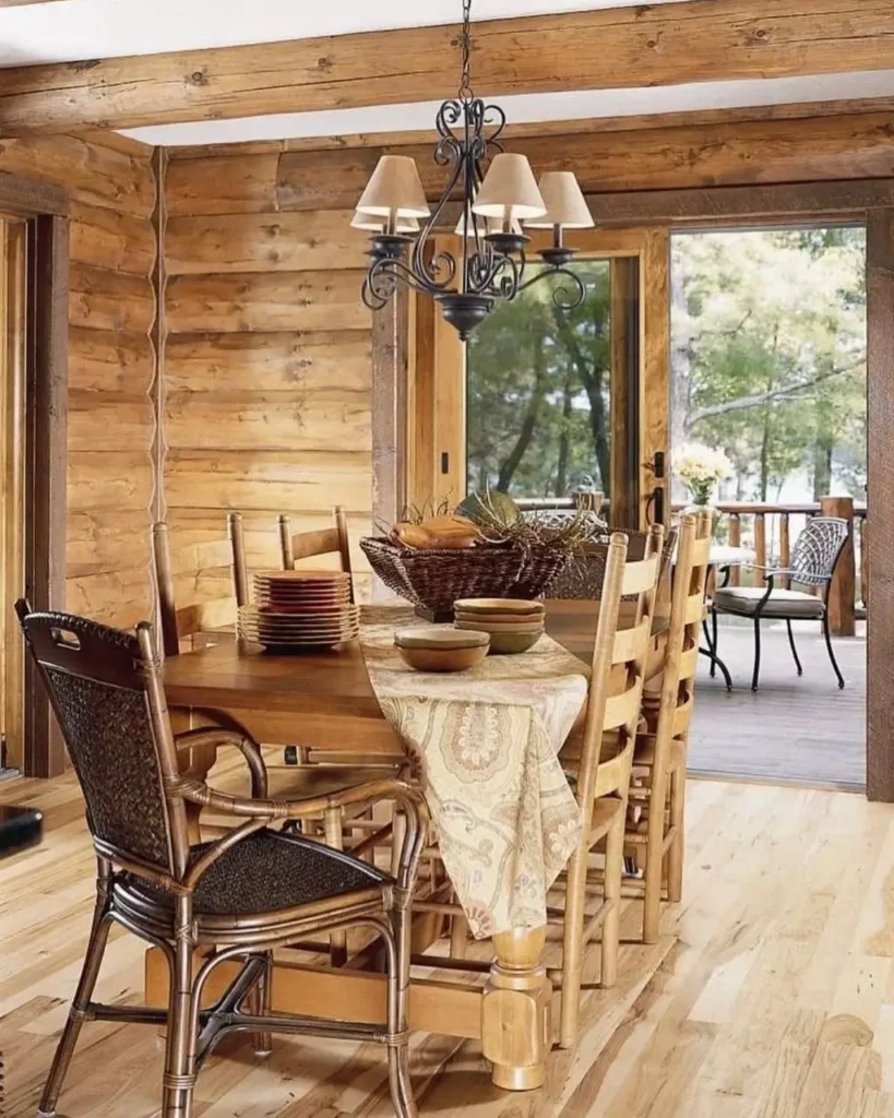 Rustic wooden dining table and chairs in a log cabin with outdoor view.