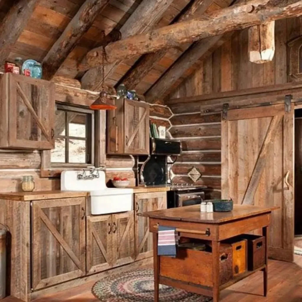 Rustic log cabin kitchen with wooden cabinets, farmhouse sink, and wooden island.