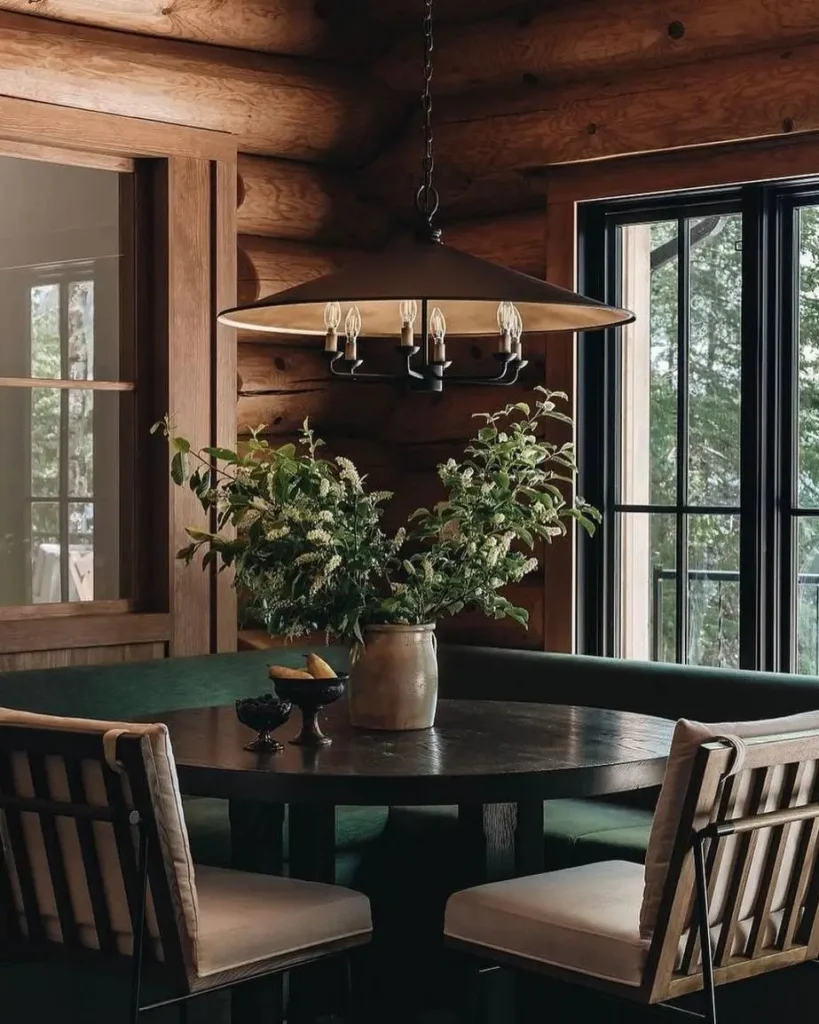 Cozy log cabin dining nook with round table, bench seating, and outdoor views.