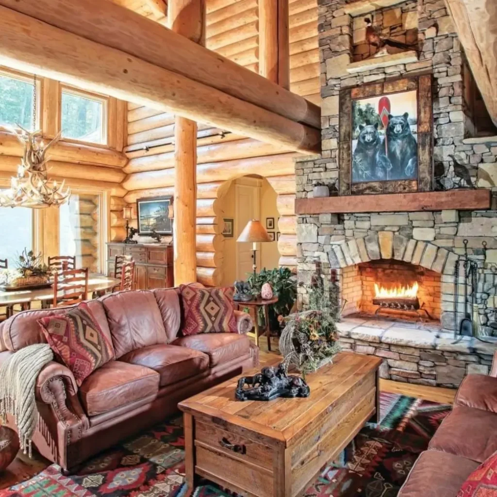 Open-plan log cabin living and dining areas with stone fireplace.