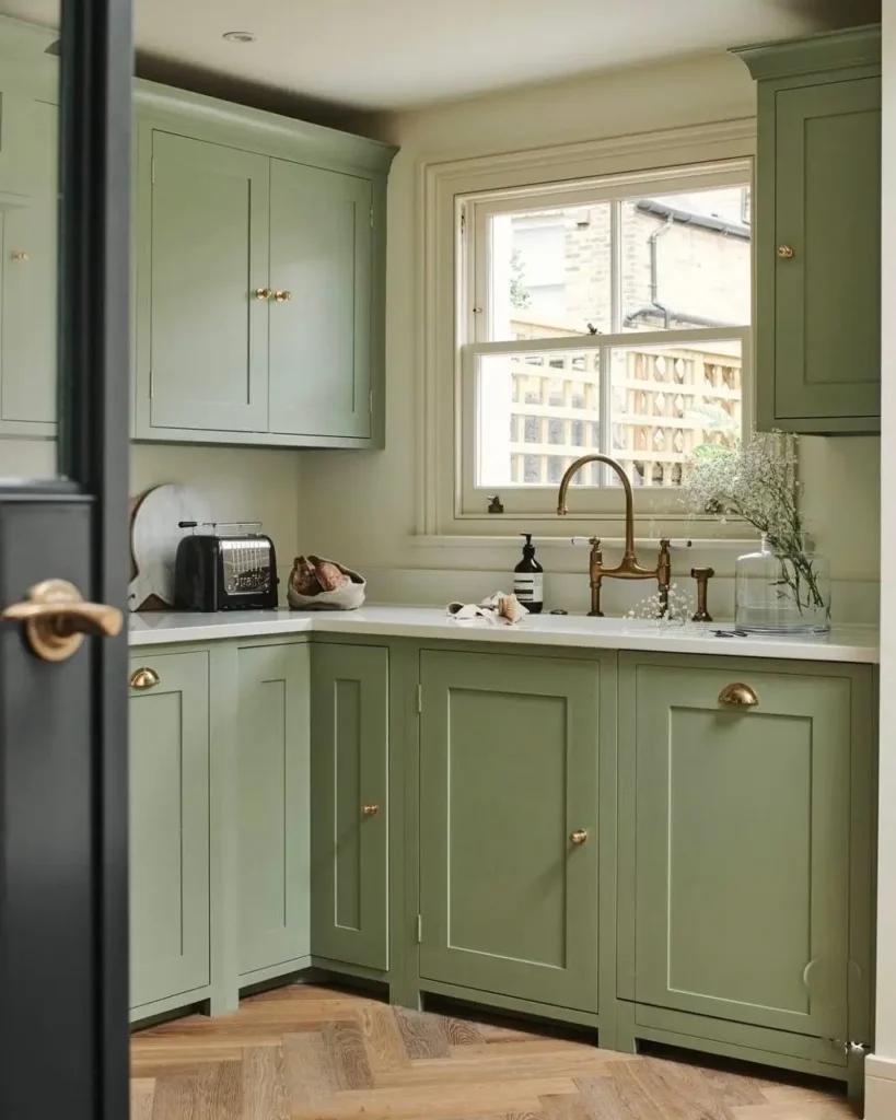 Elegant kitchen with classic sage green Shaker cabinets, white countertops, and warm brass hardware.