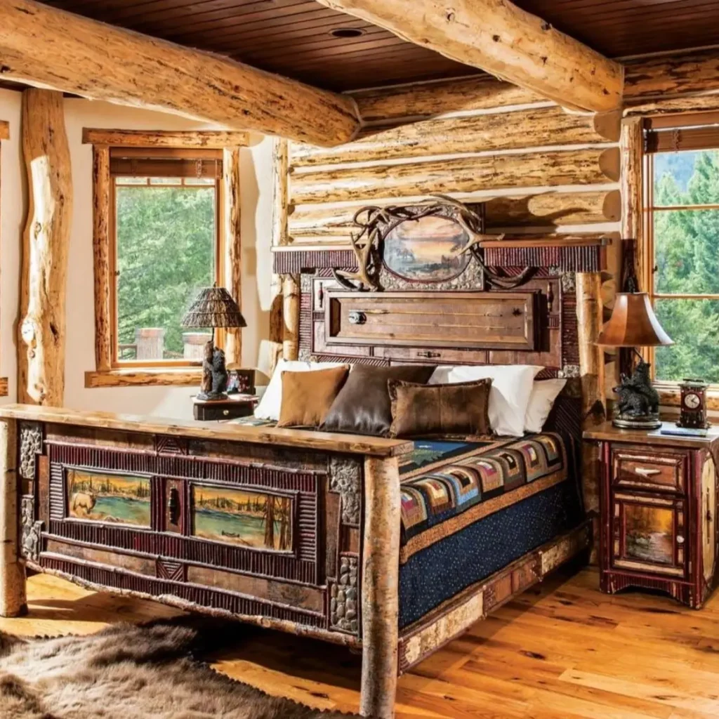 Rustic log cabin bedroom with wooden bed and natural views.