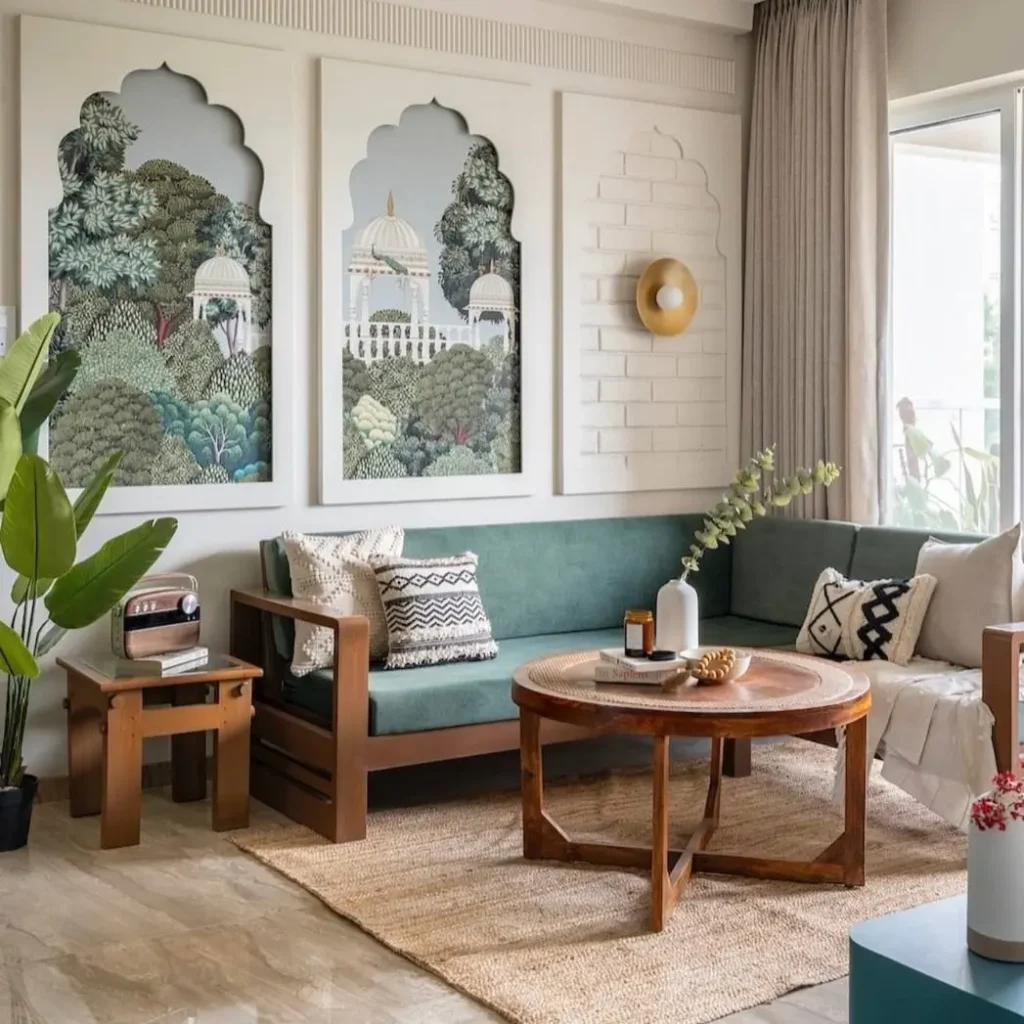 A living room featuring a large triptych artwork that creates a scenic view, a simple small apartment decorating idea.