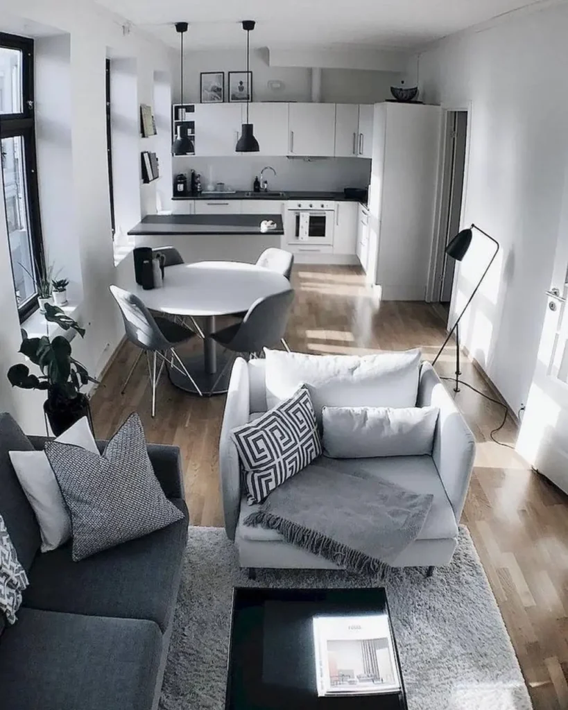An open-plan living area with a cohesive gray and white color scheme, a simple small apartment decorating idea.