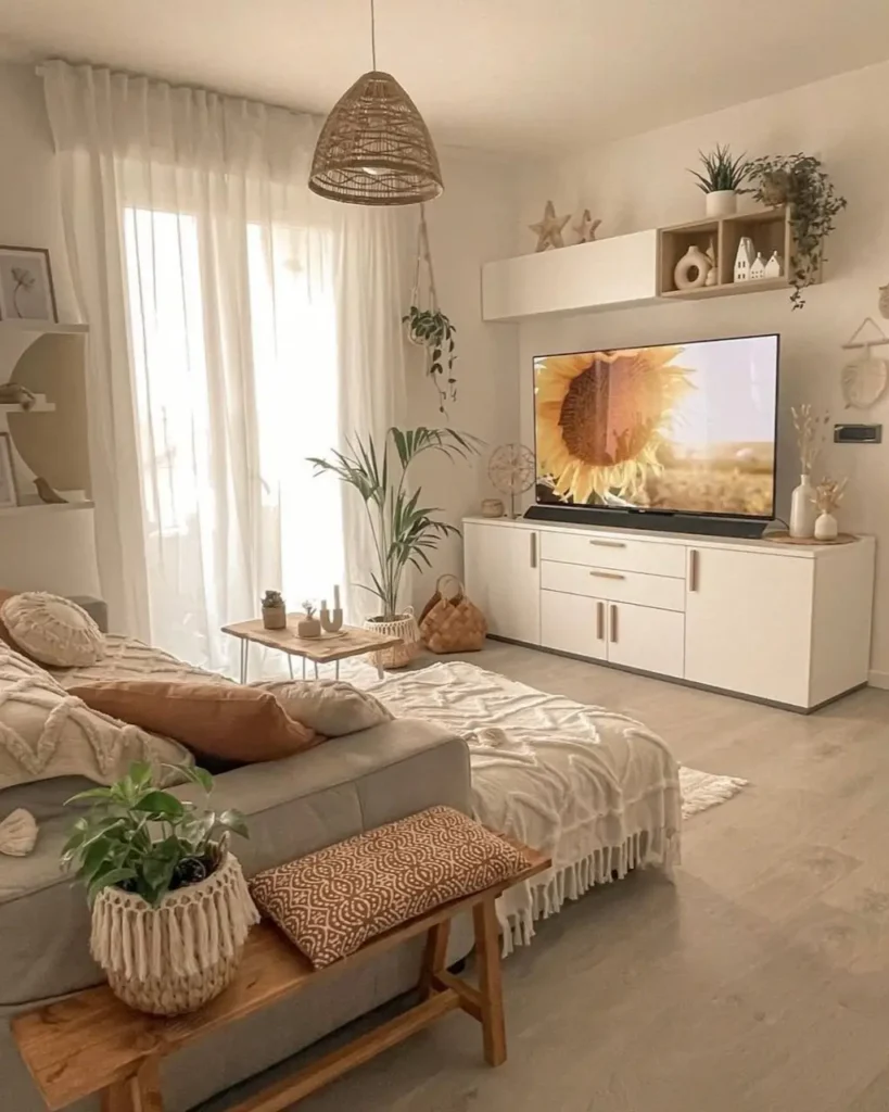 A cozy living room filled with various houseplants, an essential part of small apartment decorating ideas on a budget.