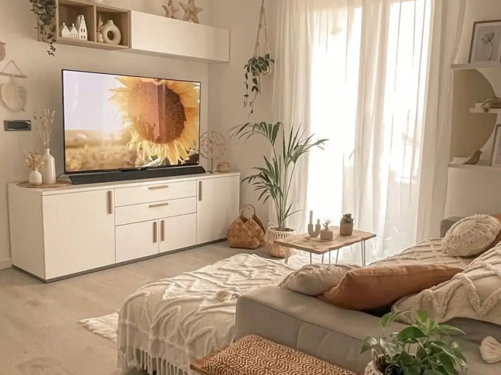 A bright and cozy living room showcasing small apartment decorating ideas on a budget, with a neutral-toned sofa, white media console, and natural light from a large window.